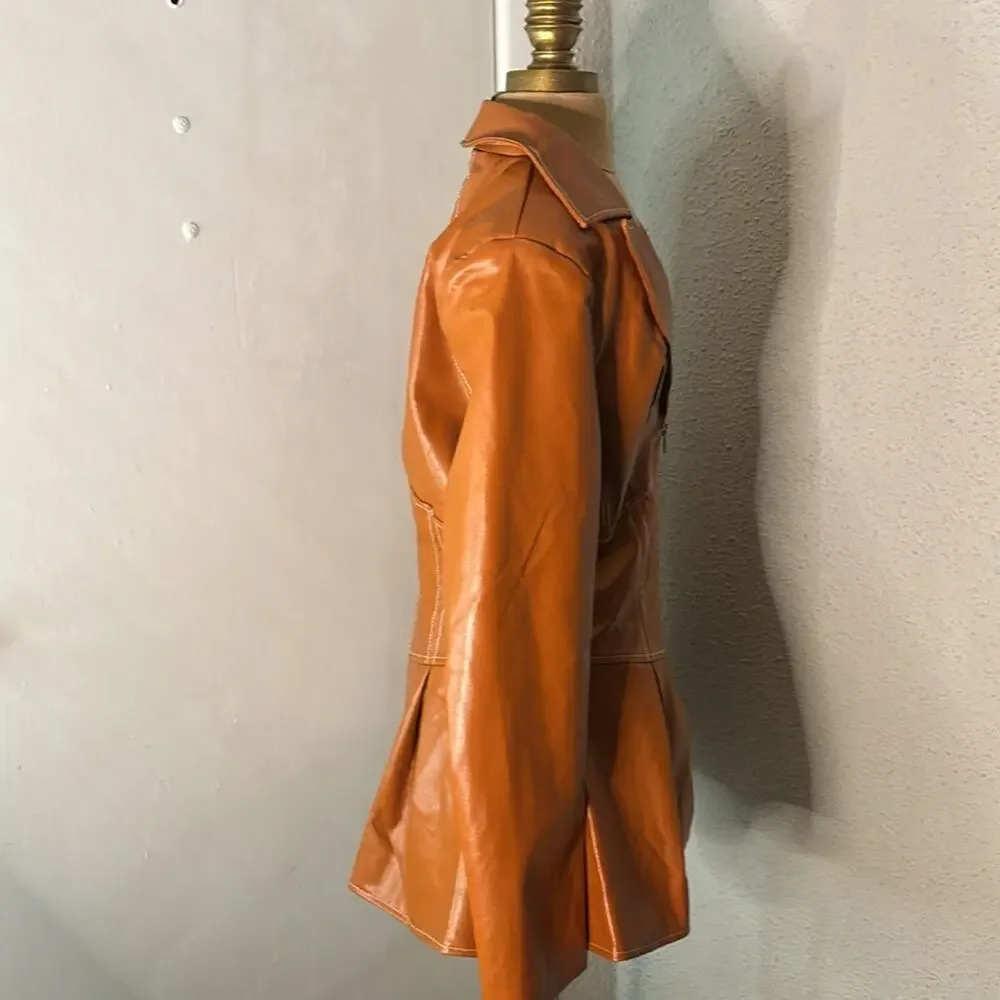 Pressed Brown Zip Up Peplum PU Jacket Swing Coat XL Boho Indie Rocker Glam Retro - Picture 3 of 12